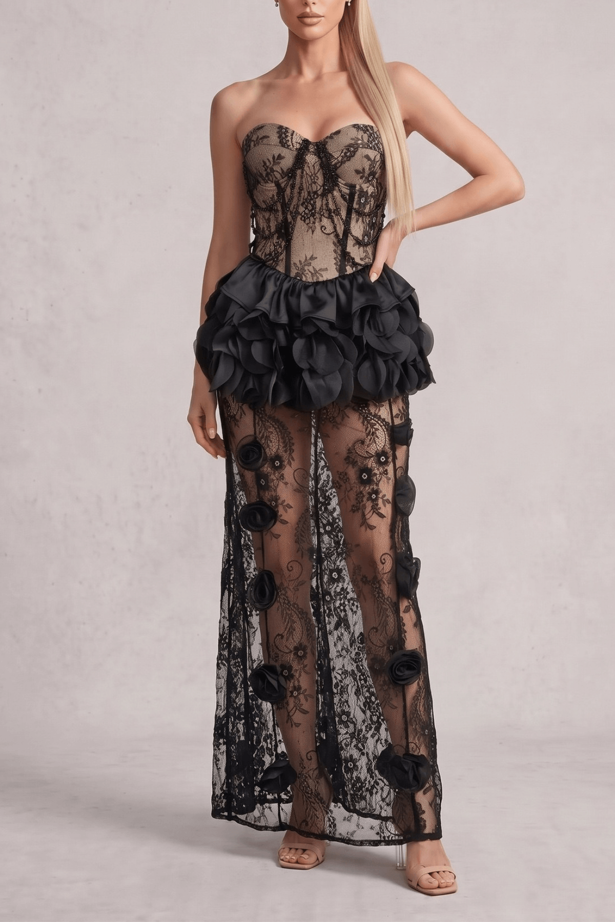 Bonnie Black Strapless 3D Floral Lace Dress Avalabel