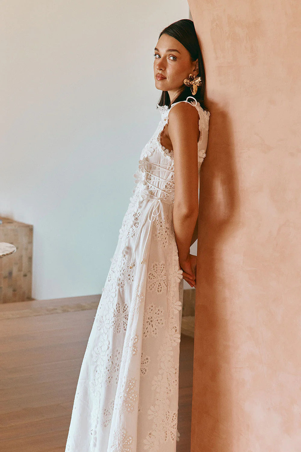 Lace Trim Embroidery Hollow Midi Dress in White Avalabel