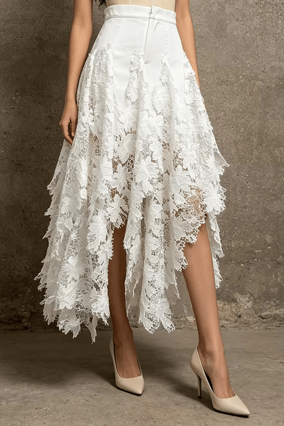 Irena White Floral Lace High Low Midi Skirt Avalabel