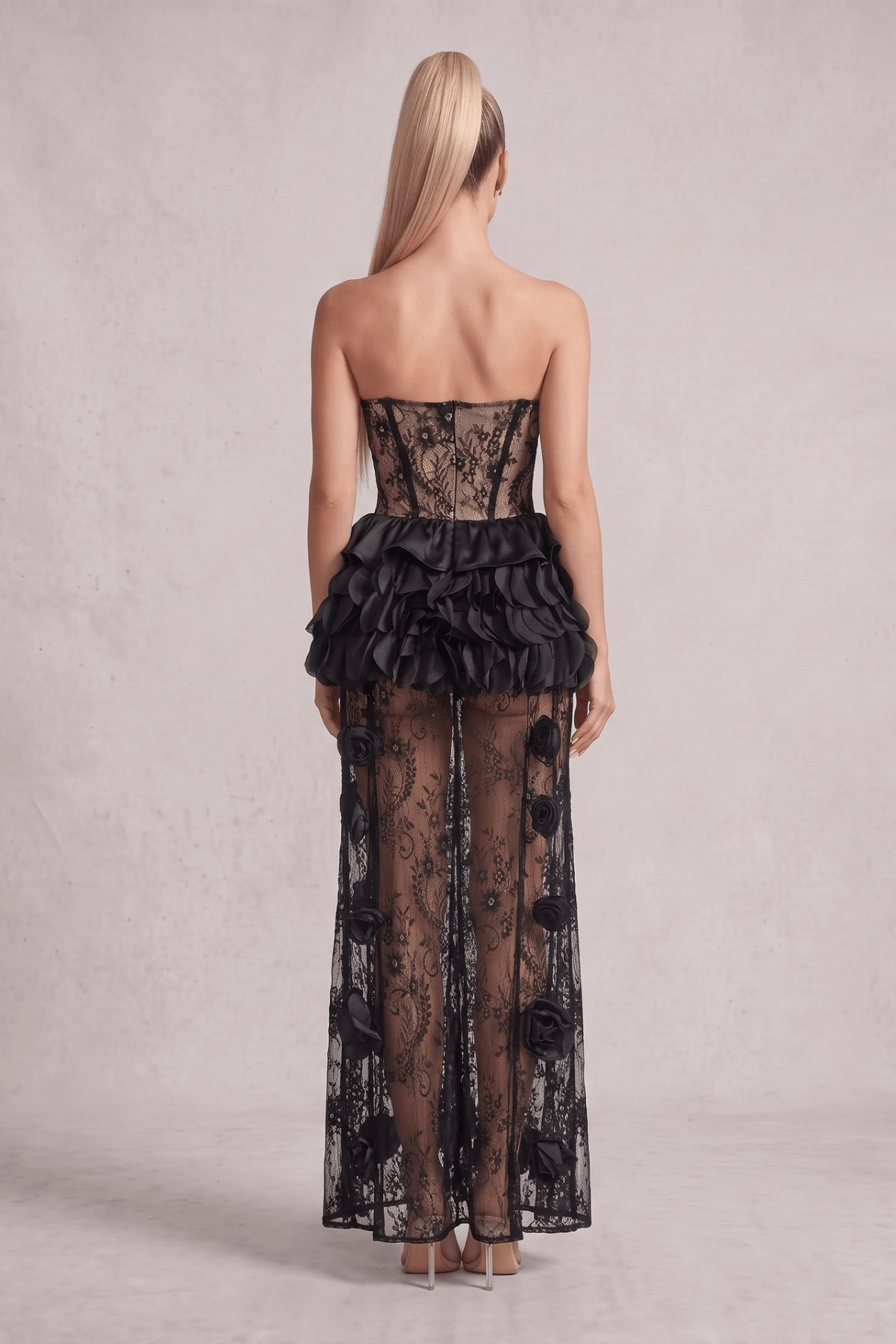 Bonnie Black Strapless 3D Floral Lace Dress Avalabel