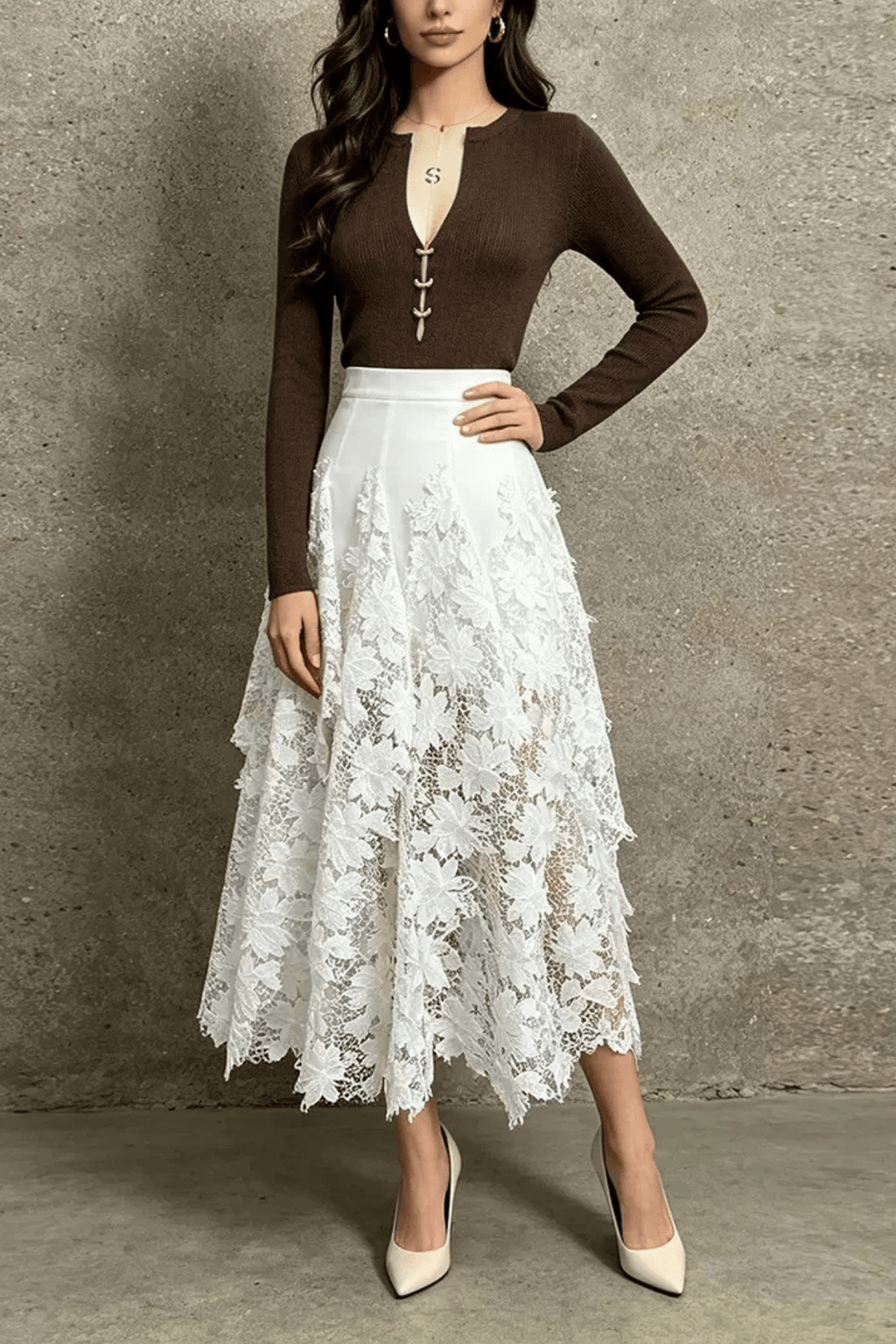 Irena White Floral Lace High Low Midi Skirt Avalabel
