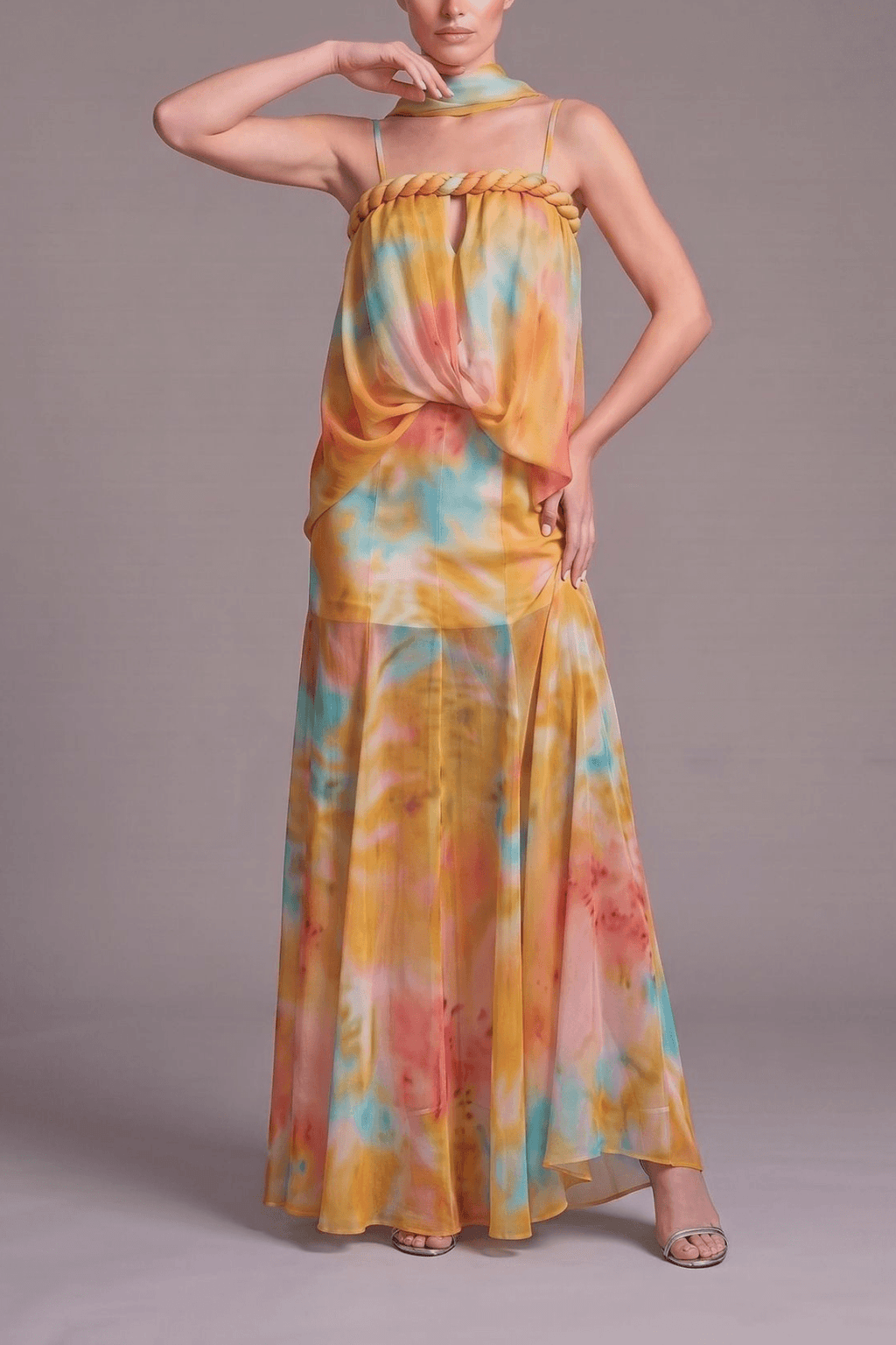 Bess Tie Dye Chiffon Braided Strap Halter Dress Avalabel