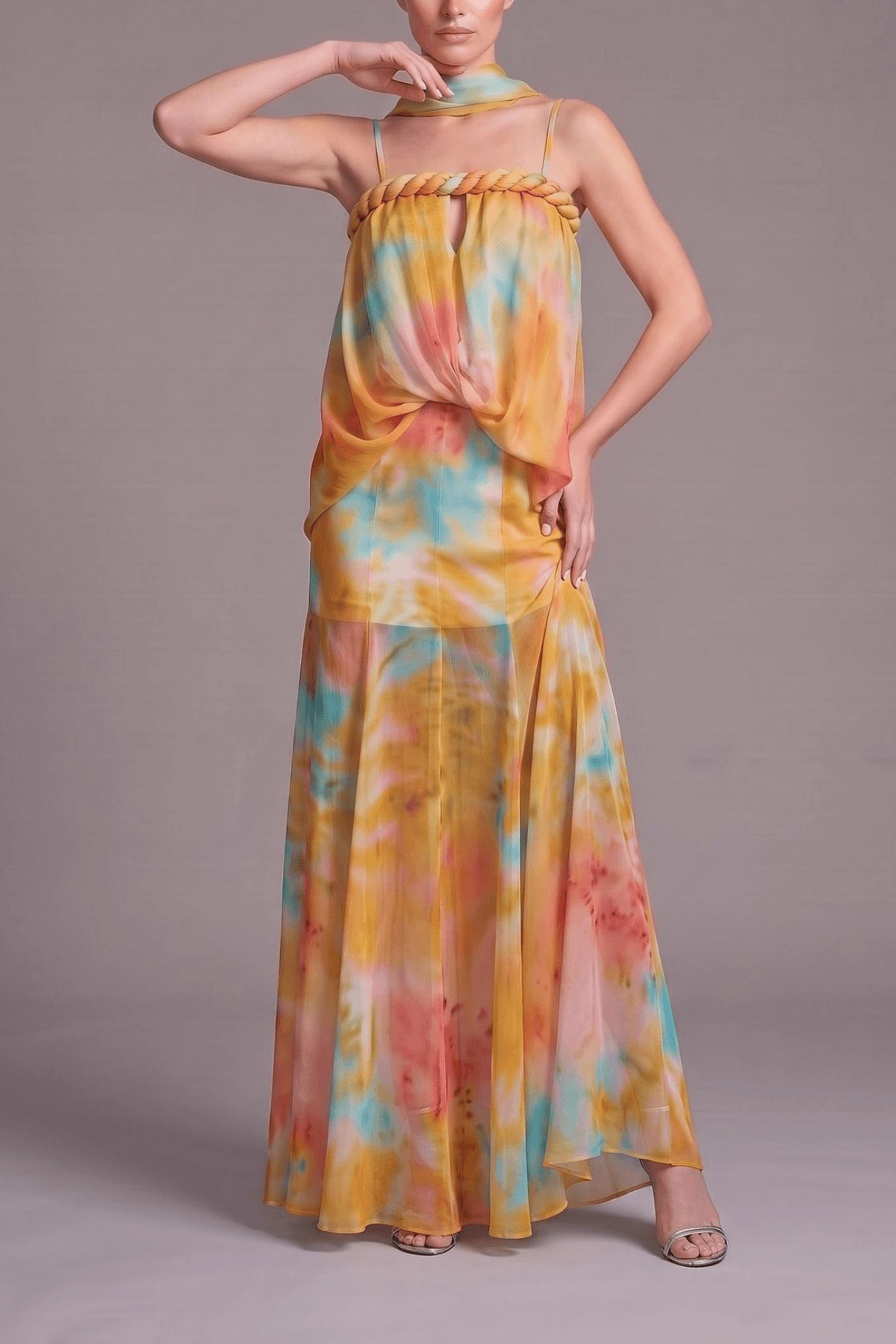 Bess Tie Dye Chiffon Braided Strap Halter Dress Avalabel