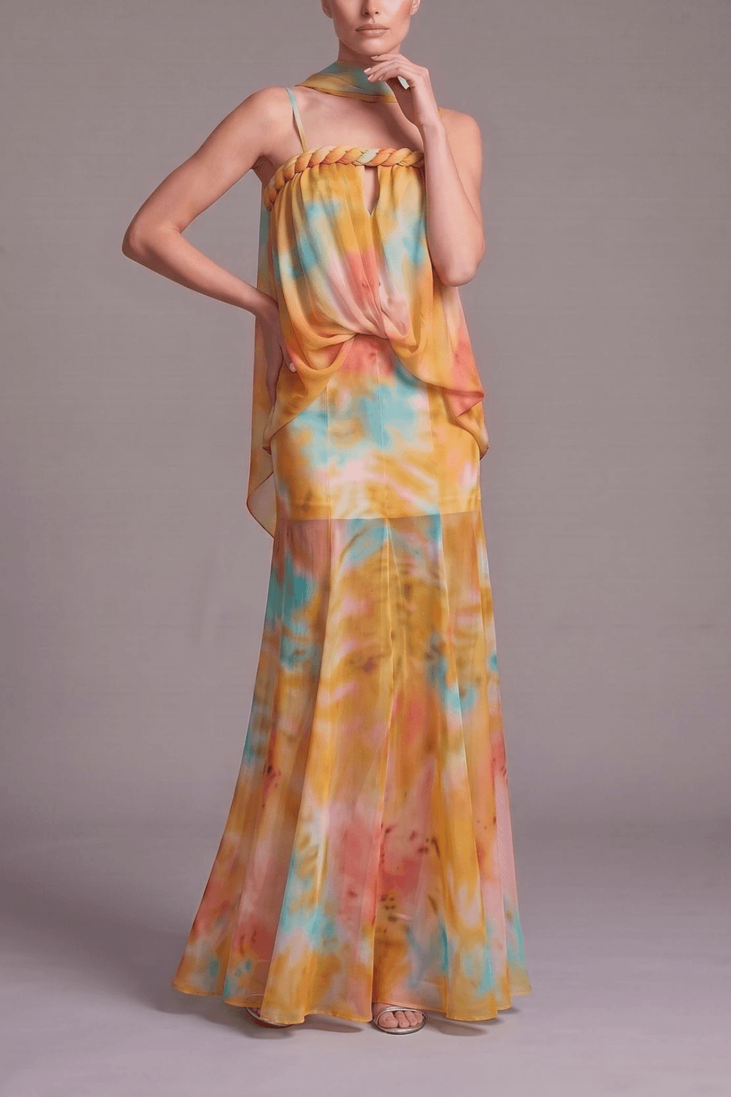 Bess Tie Dye Chiffon Braided Strap Halter Dress Avalabel