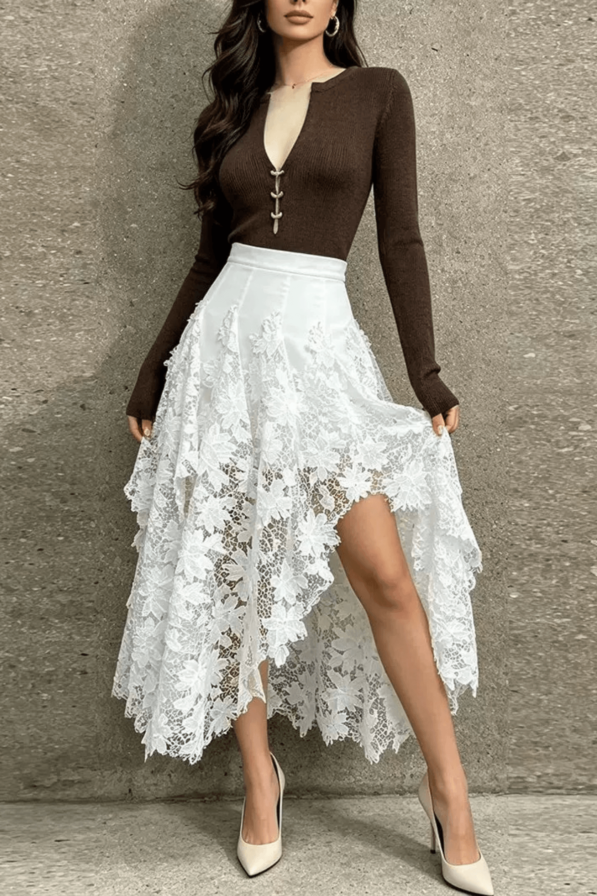 Irena White Floral Lace High Low Midi Skirt Avalabel