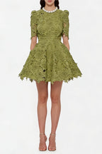 Sylvia Green Beaded Hollow Crochet Mini Dress Avalabel