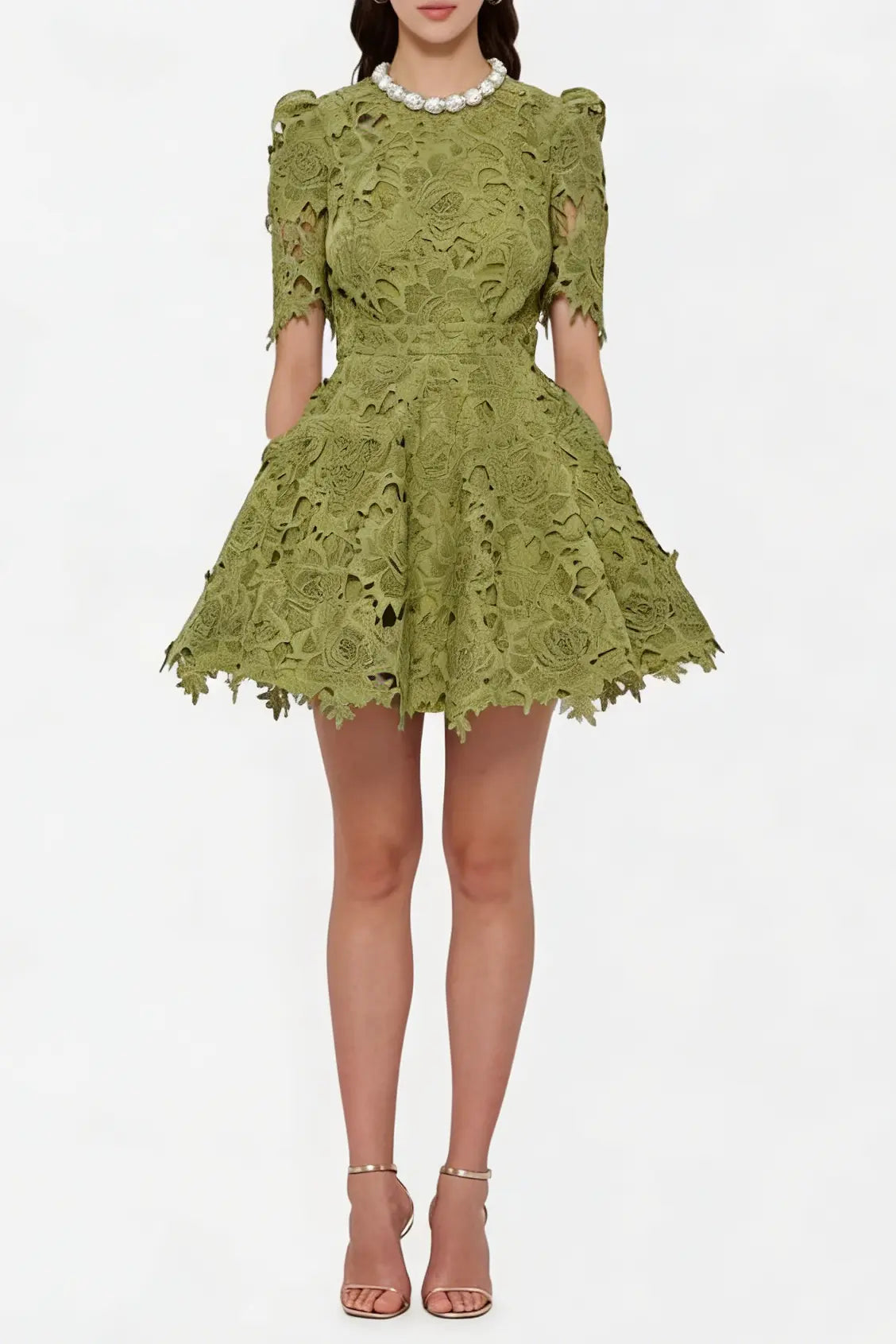 Sylvia Green Beaded Hollow Crochet Mini Dress Avalabel