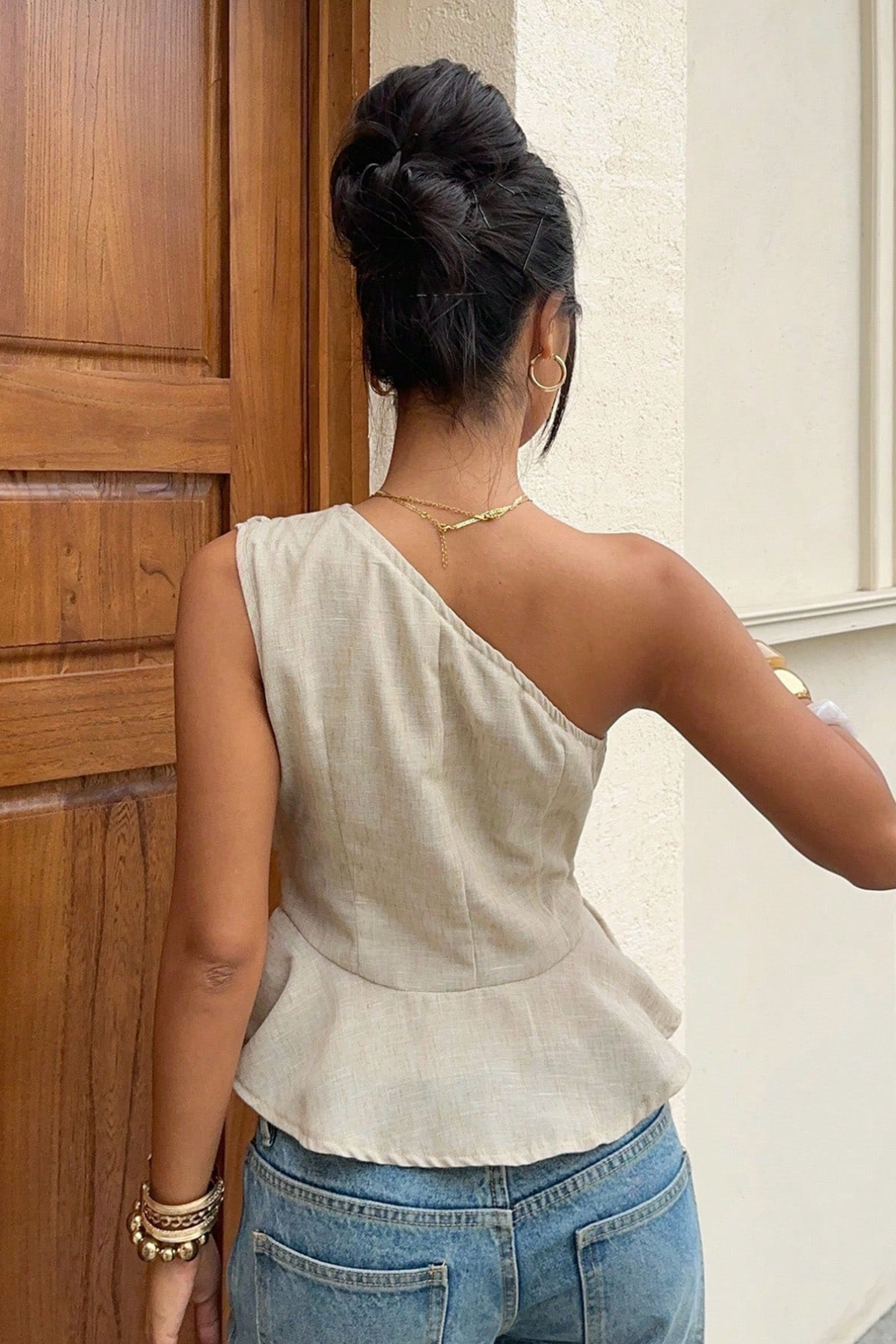Blair One Shoulder Ruched Waist Peplum Linen Blend Tank Top Avalabel