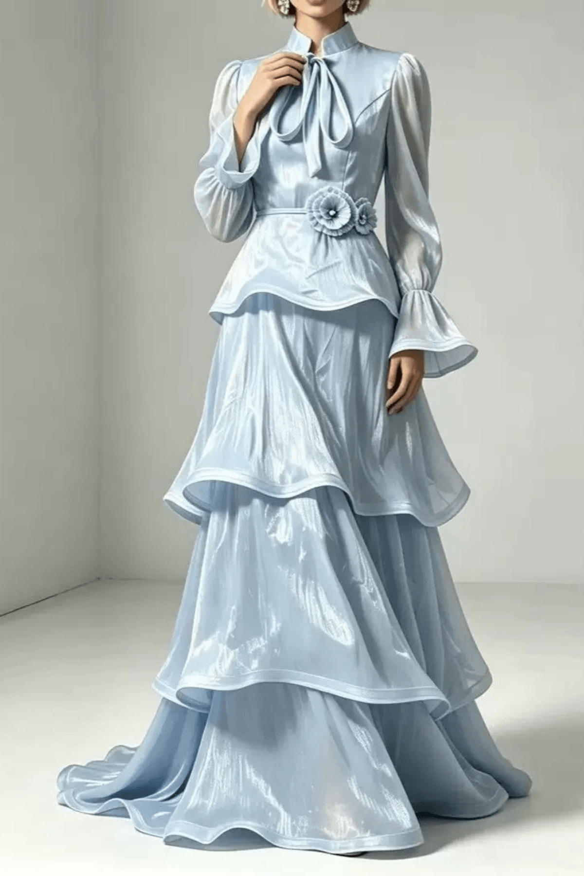 Laura Light Blue Bell Sleeve Tiered Ruffle Dress Avalabel