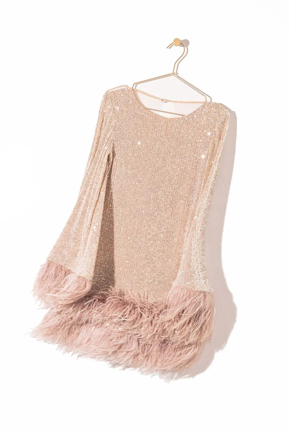 murray pale pink sequin feather trim backless mini dress Avalabel