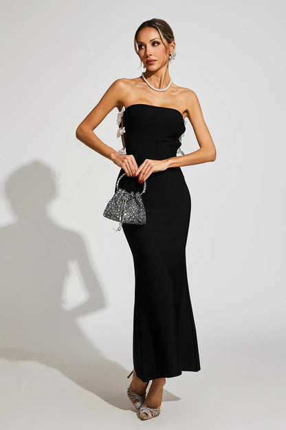 Jocelyn Bowknot-Side Bandage Strapless Maxi Dress in Black