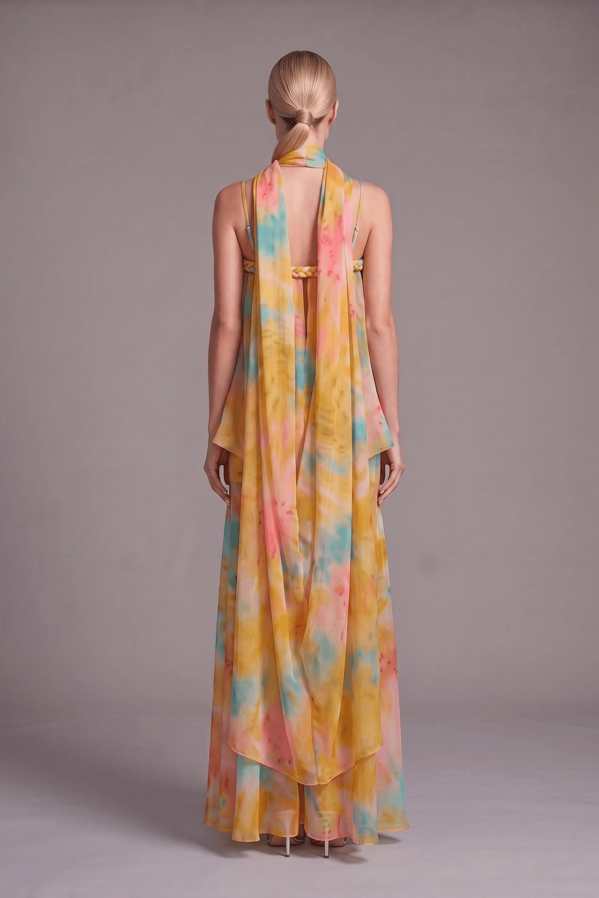 Bess Tie Dye Chiffon Braided Strap Halter Dress Avalabel