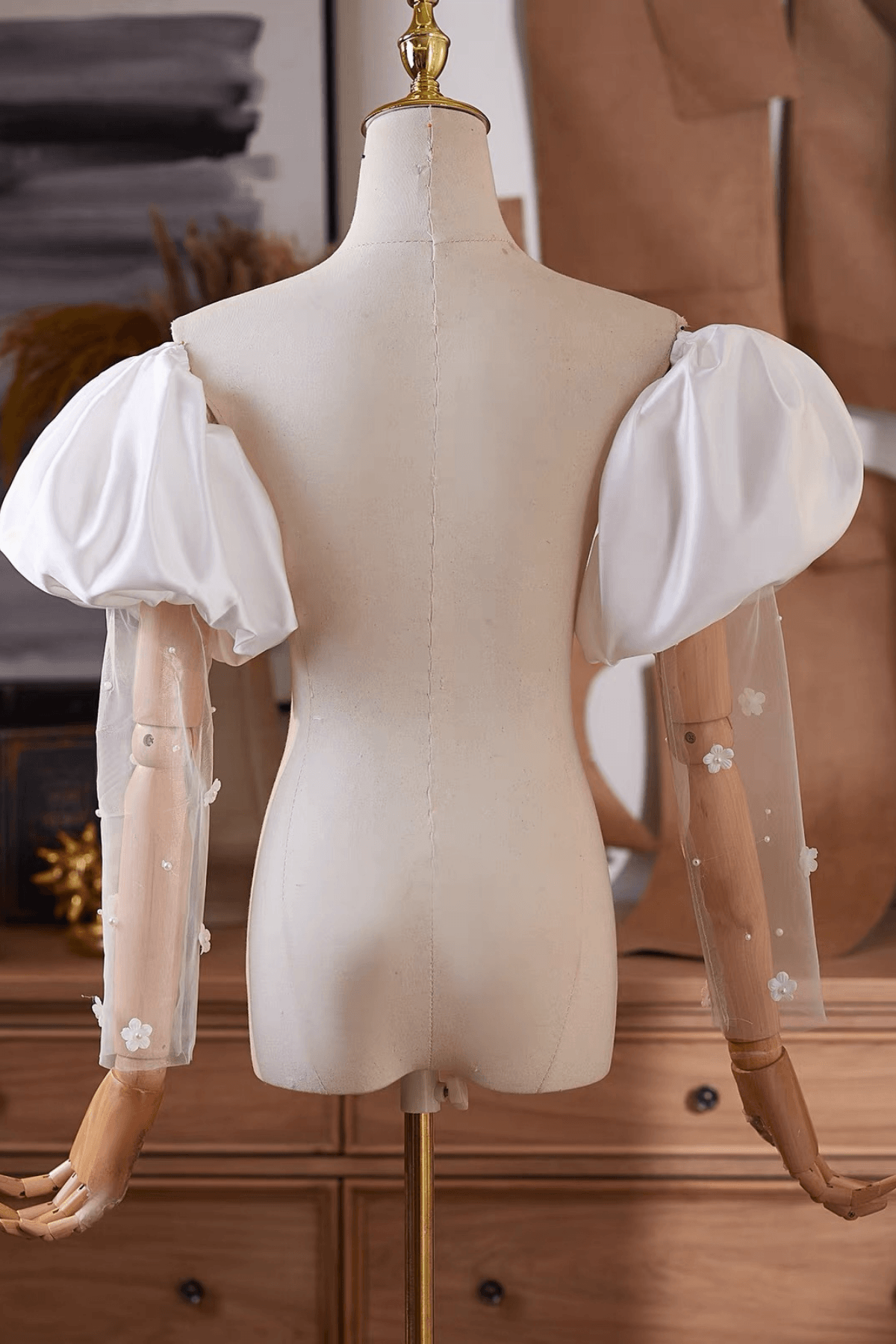 White Satin Puff Tulle Pearl Detachable Sleeves Avalabel