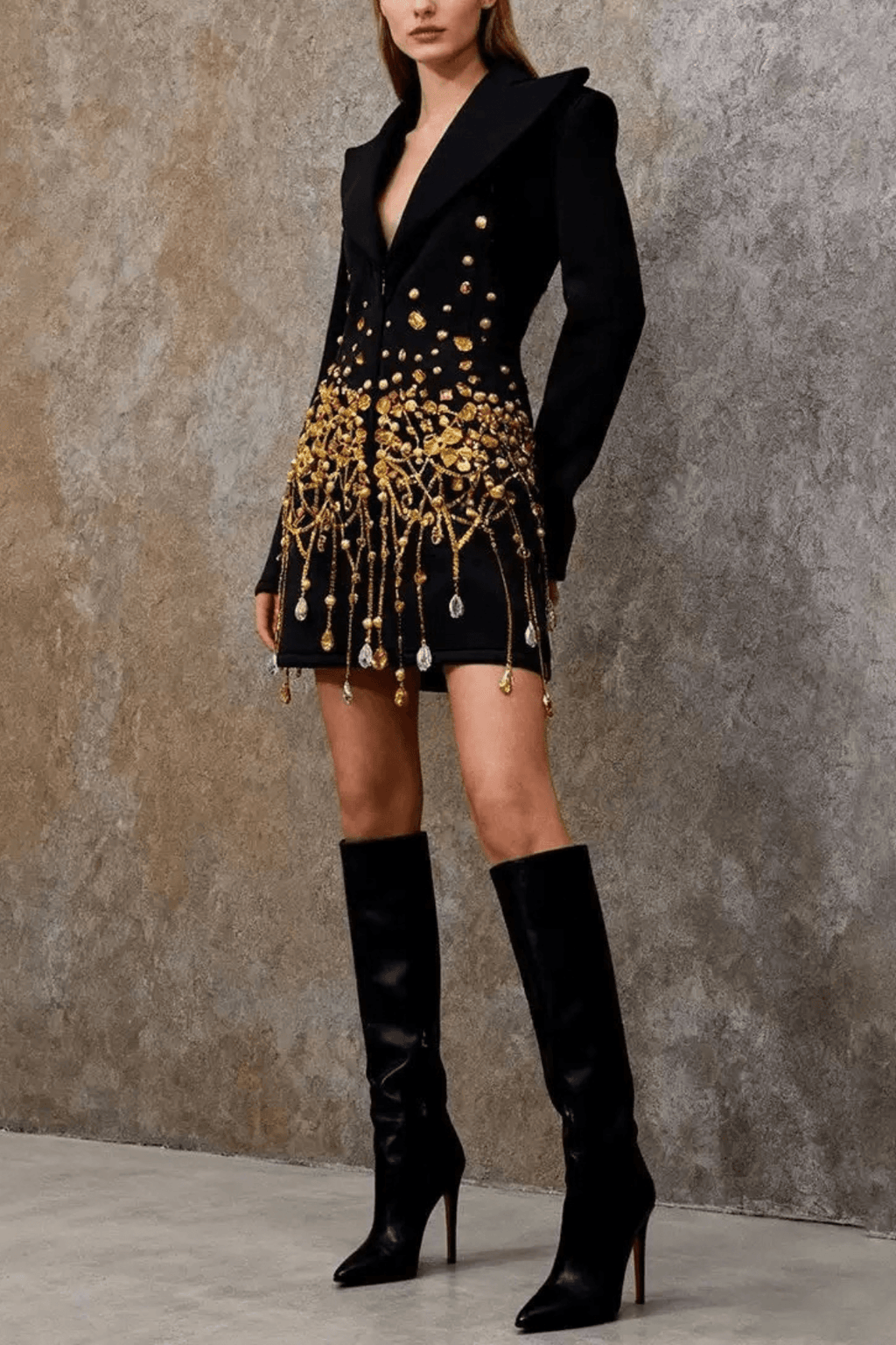 Elsa Black Gold Beaded Blazer Mini Dress Avalabel