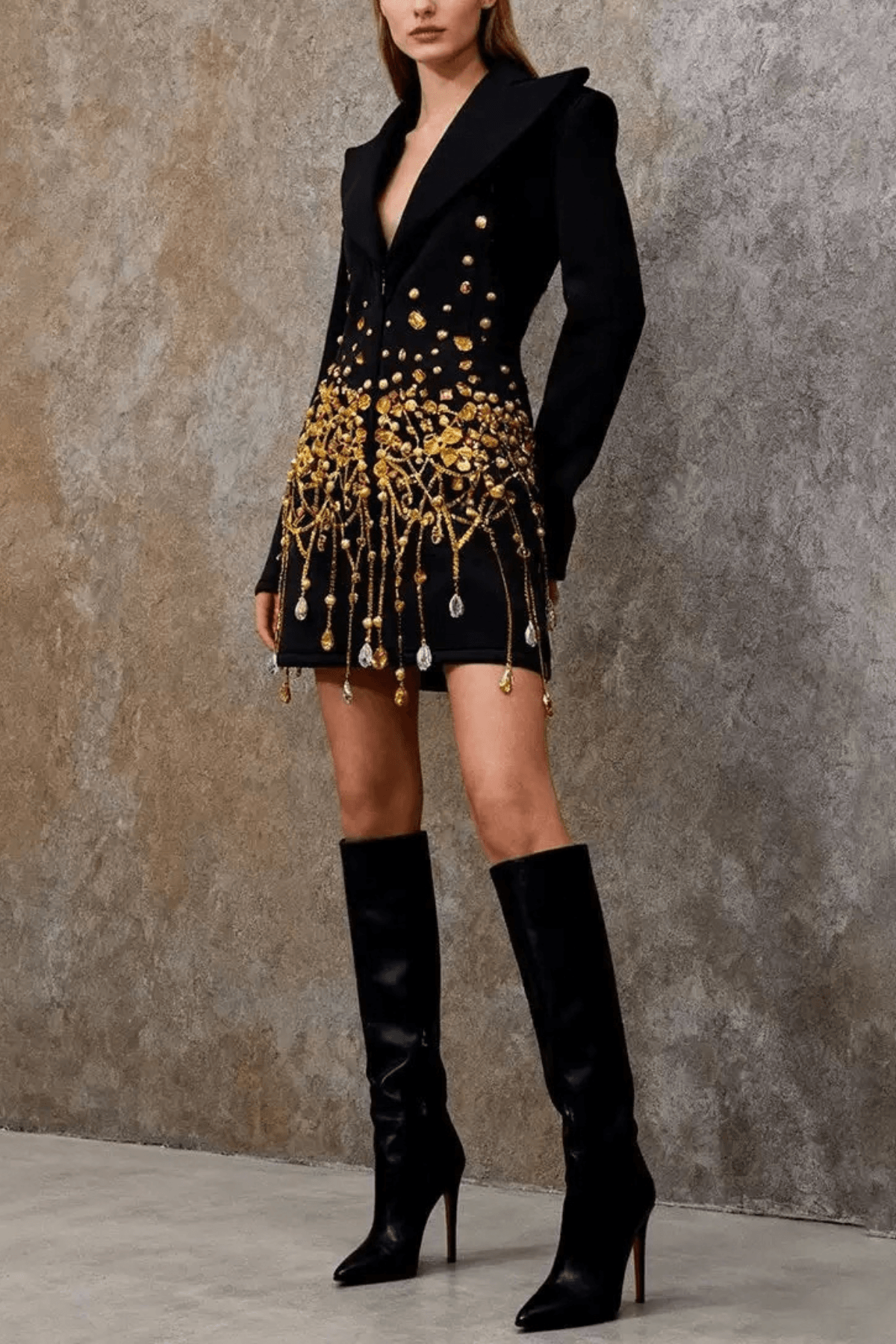 Elsa Black Gold Beaded Blazer Mini Dress Avalabel