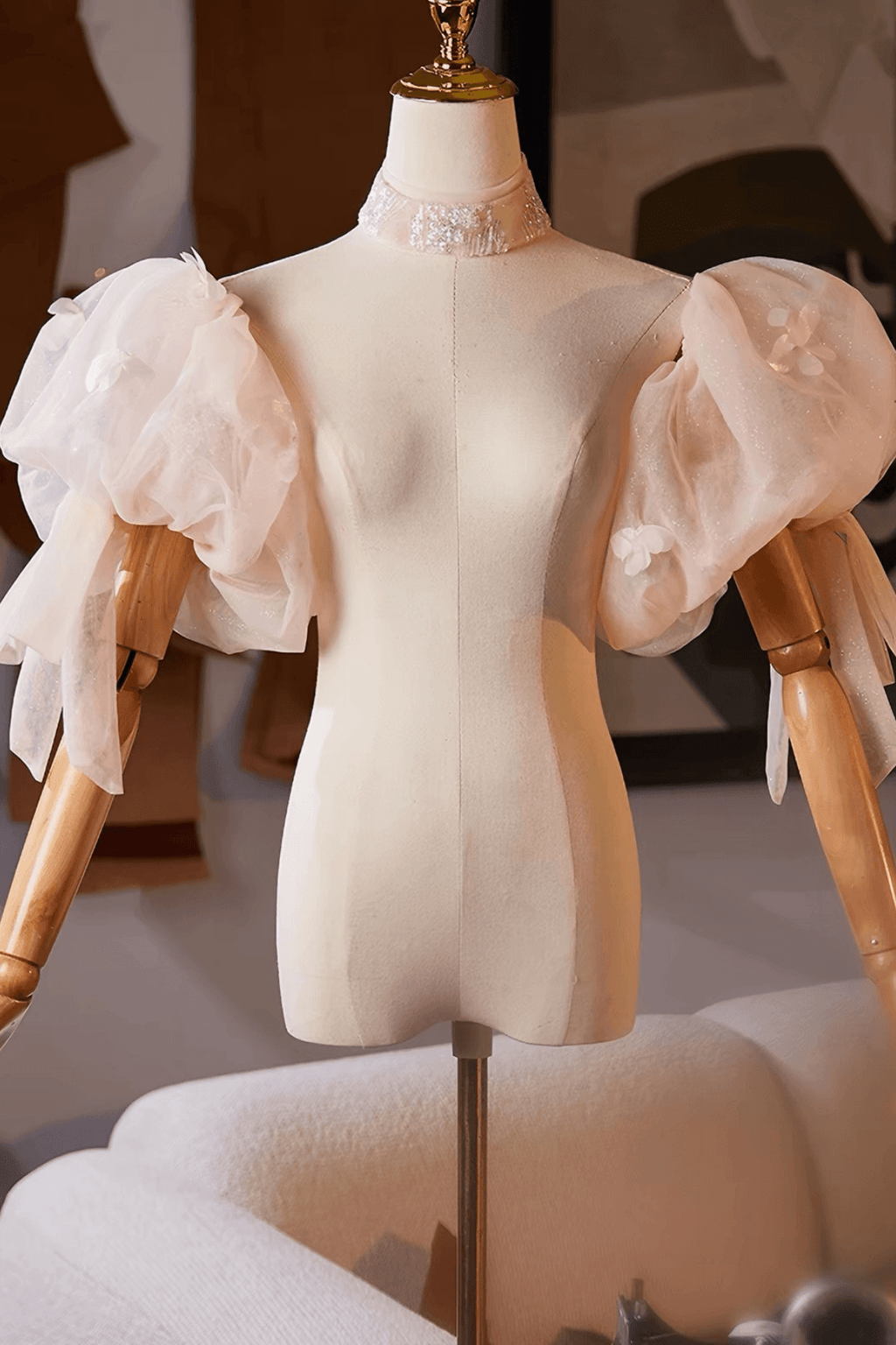 Champagne Glitter Tulle Floral Detachable Puff Sleeves Avalabel