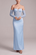 Cara Blue Satin Strapless  Mesh Sleeve Dress Avalabel