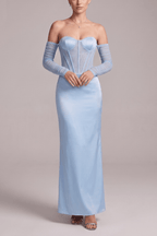 Cara Blue Satin Strapless  Mesh Sleeve Dress Avalabel