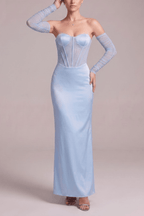 Cara Blue Satin Strapless  Mesh Sleeve Dress Avalabel
