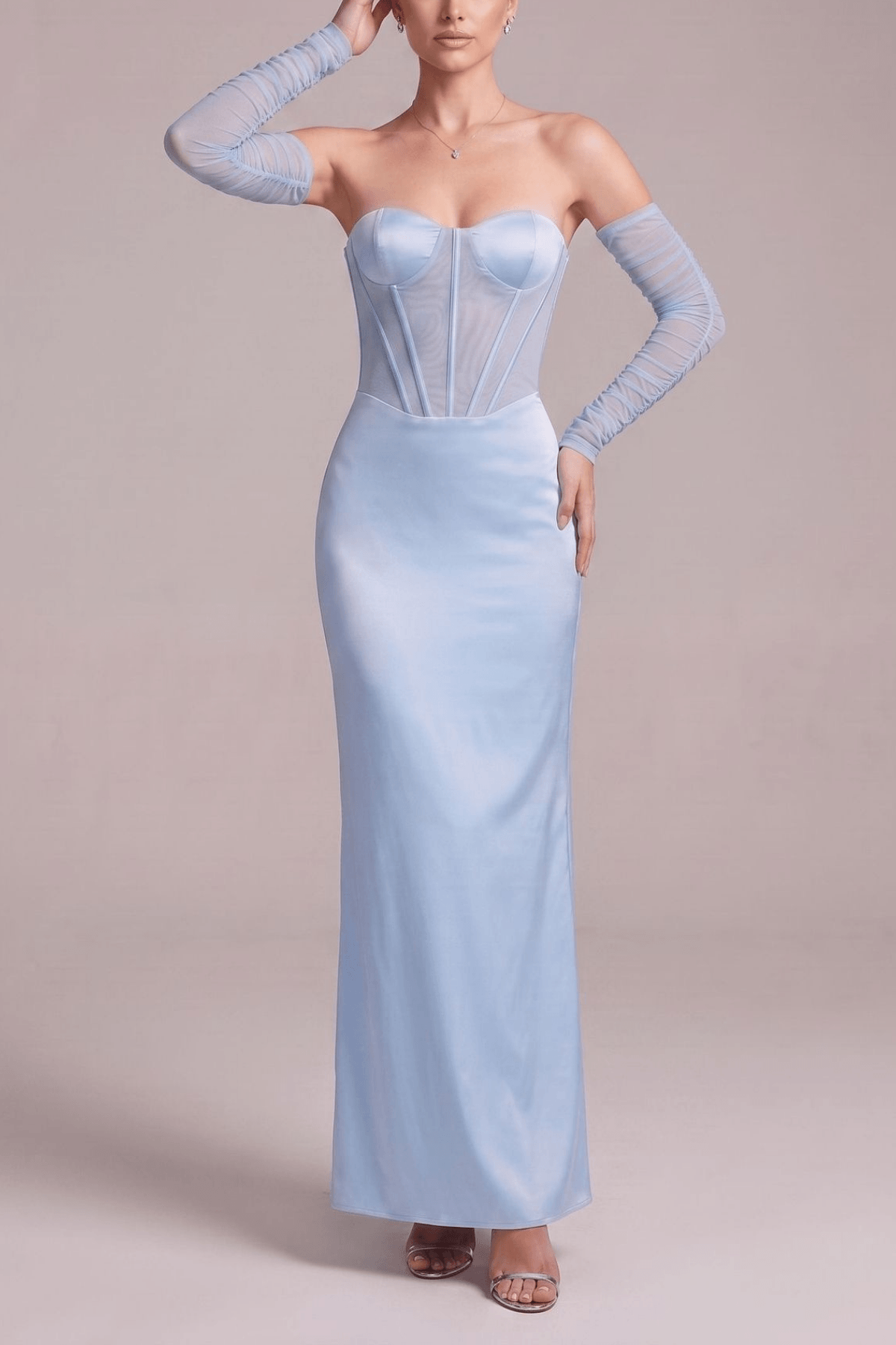 Cara Blue Satin Strapless  Mesh Sleeve Dress Avalabel