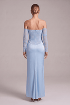 Cara Blue Satin Strapless  Mesh Sleeve Dress Avalabel