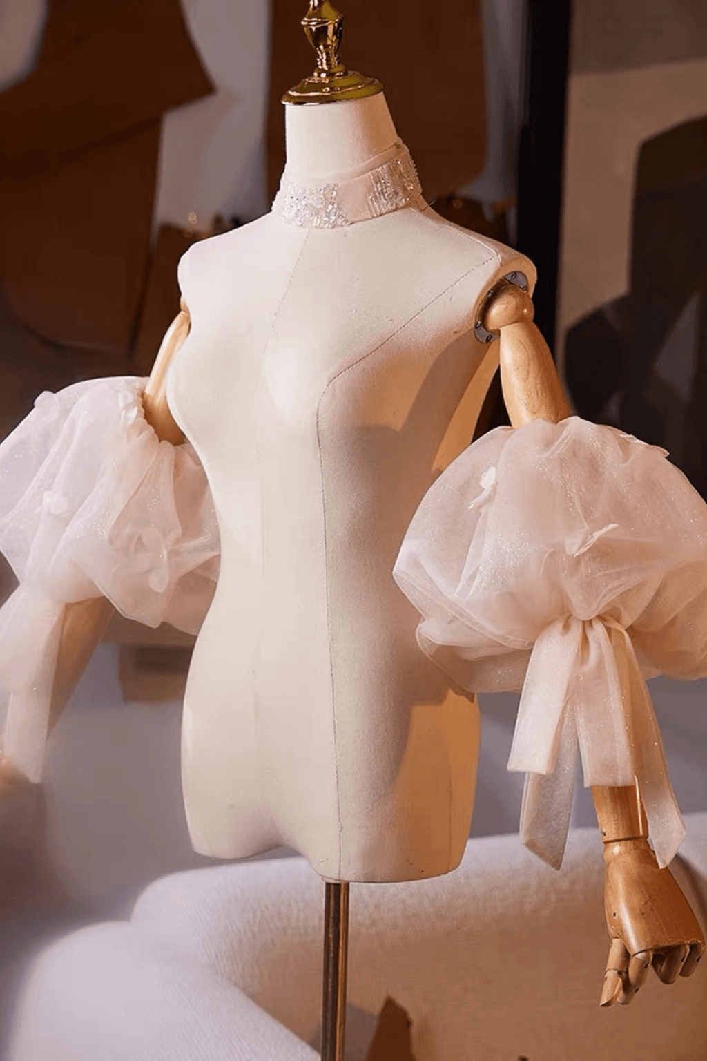 Champagne Glitter Tulle Floral Detachable Puff Sleeves Avalabel