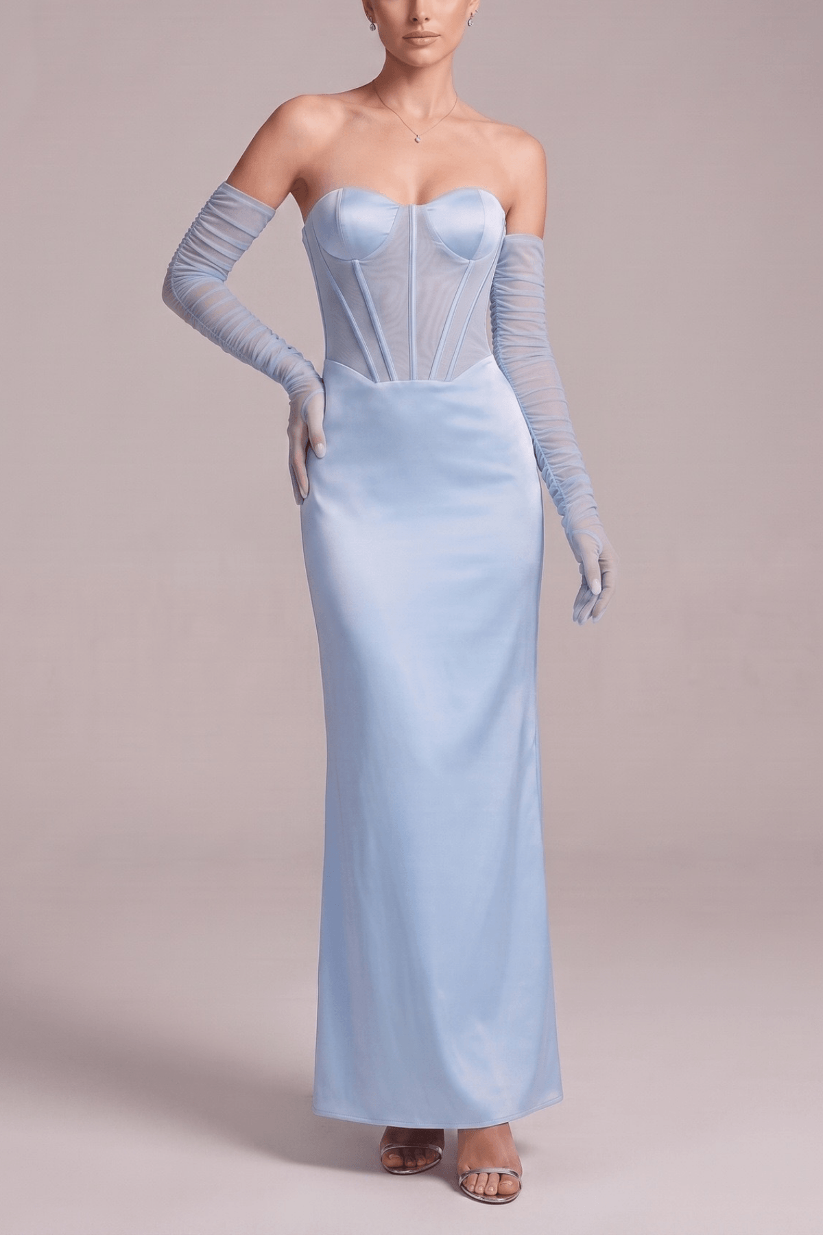 Cara Blue Satin Strapless  Mesh Sleeve Dress Avalabel