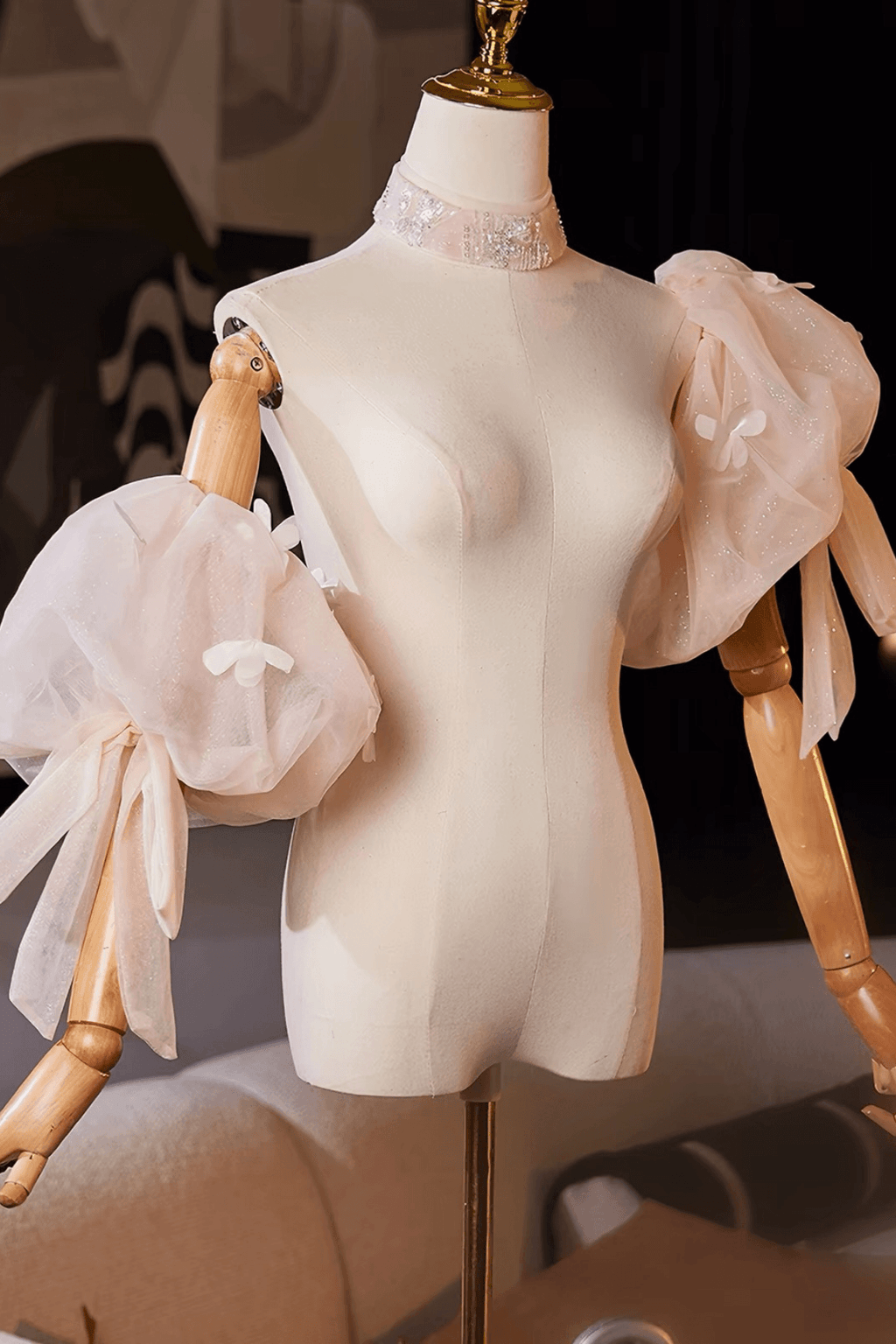 Champagne Glitter Tulle Floral Detachable Puff Sleeves Avalabel