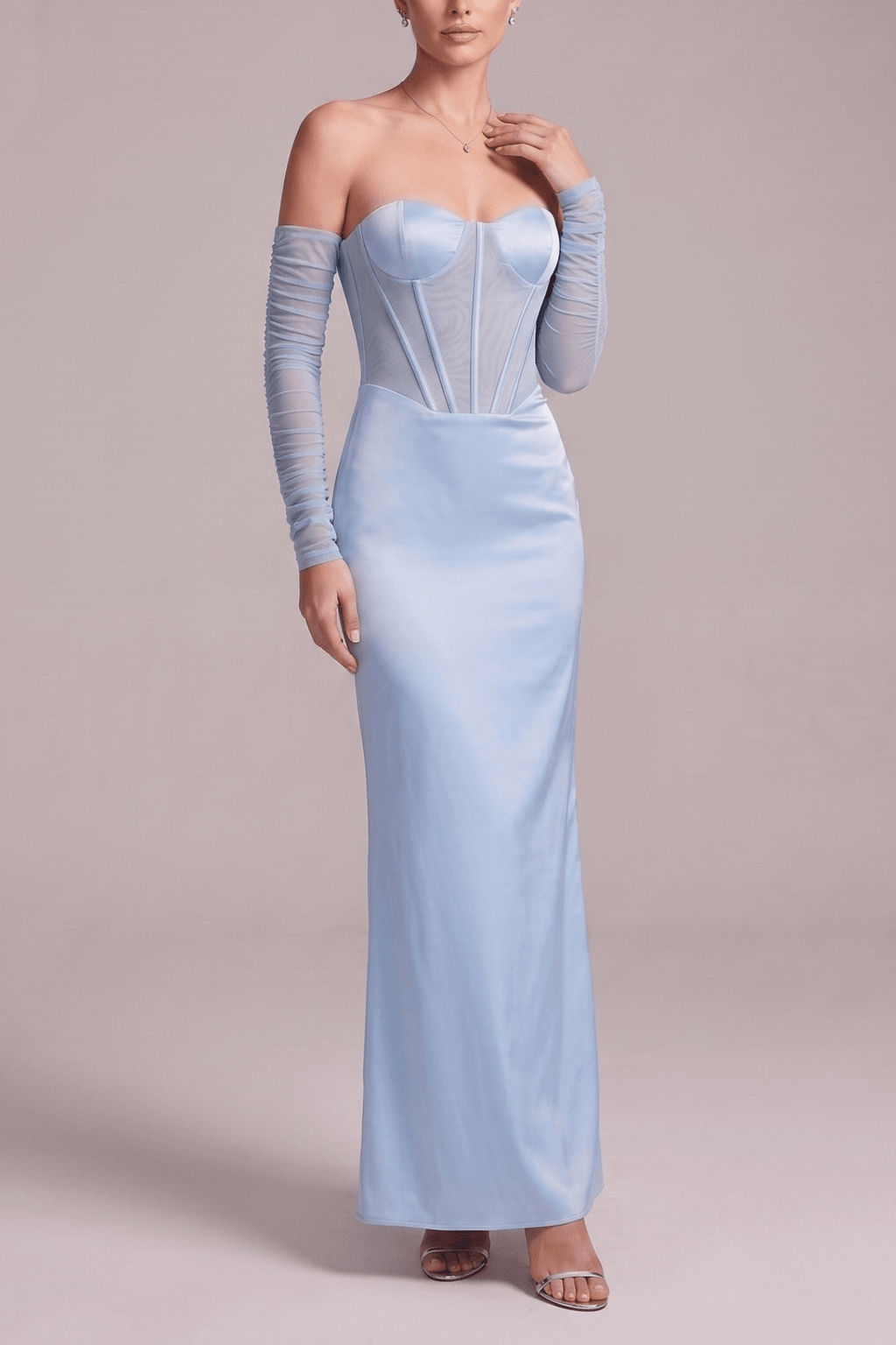 Cara Blue Satin Strapless  Mesh Sleeve Dress Avalabel