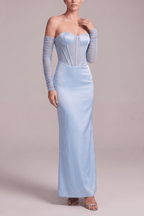 Cara Blue Satin Strapless  Mesh Sleeve Dress Avalabel