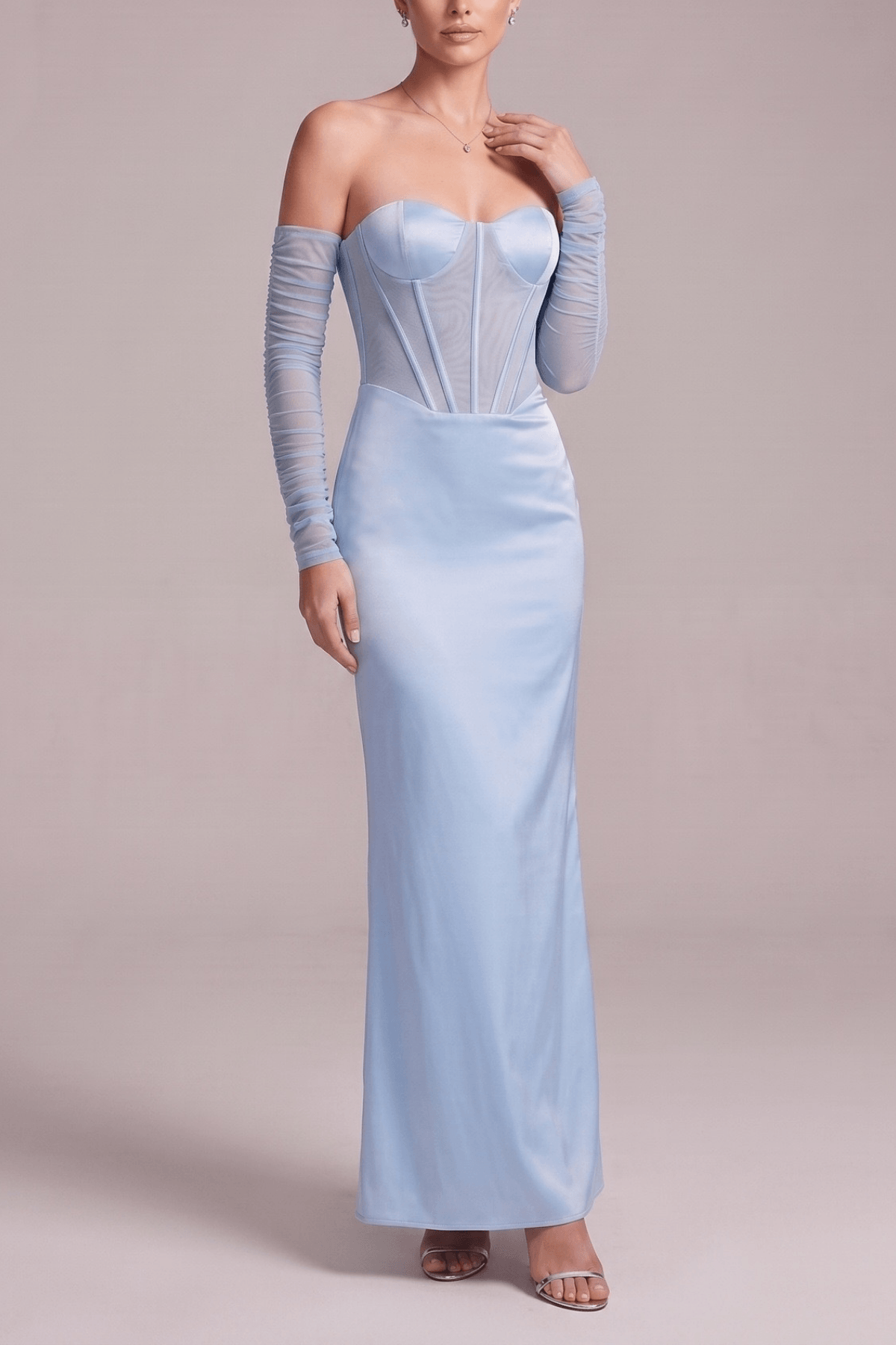 Cara Blue Satin Strapless  Mesh Sleeve Dress Avalabel