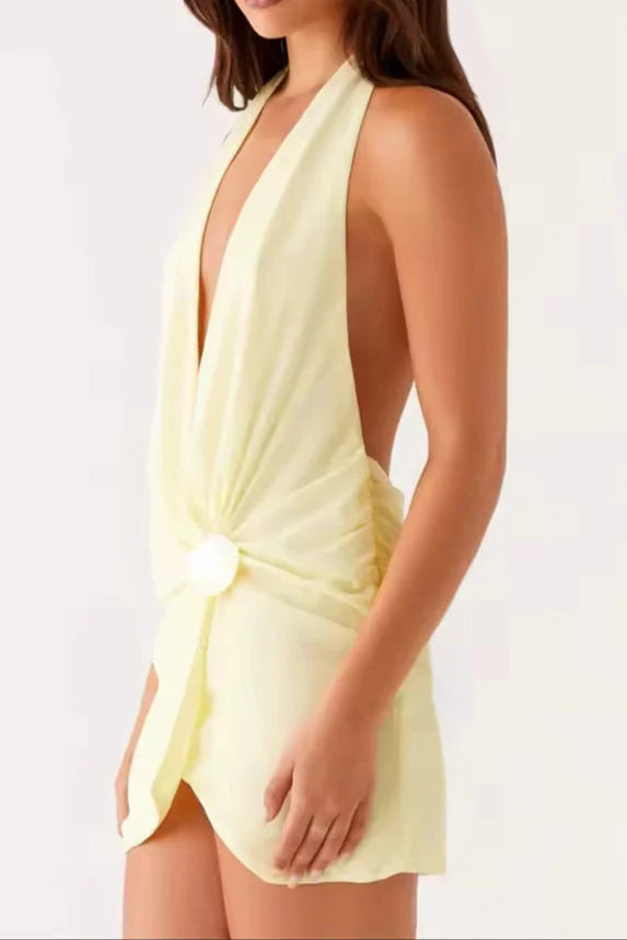 Pale Yellow Beach Halter Neck Mini Dress Avalabel