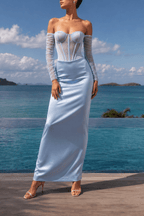 Cara Blue Satin Strapless  Mesh Sleeve Dress Avalabel