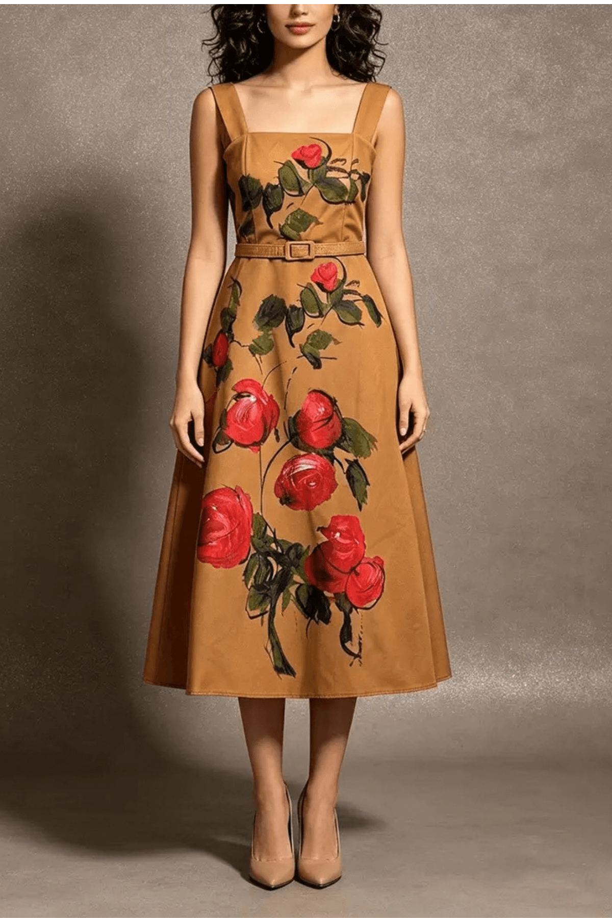 Erica Vintage Floral Print Belted Midi Dress Avalabel