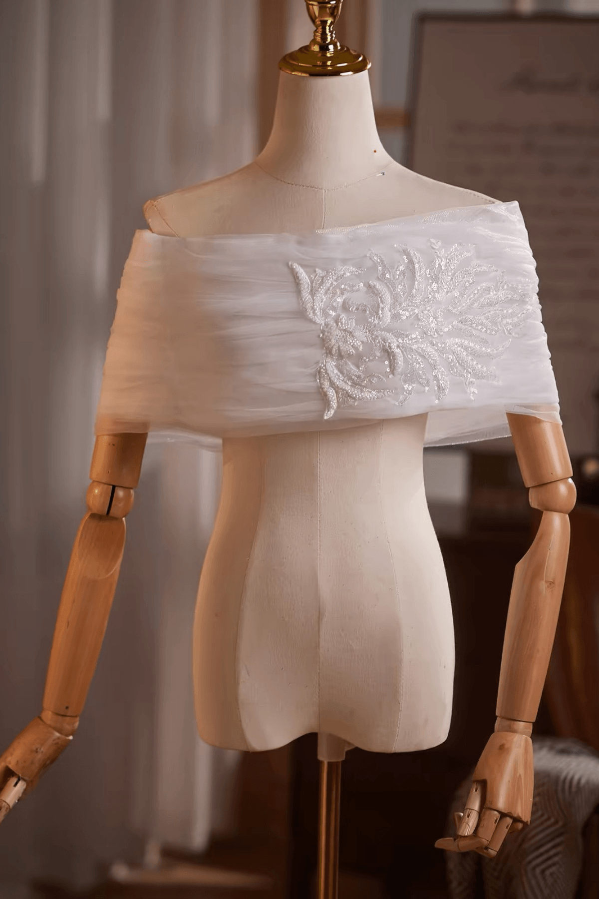 White Sheer Tulle Off‑Shoulder Beaded Embroidery Shawl Avalabel