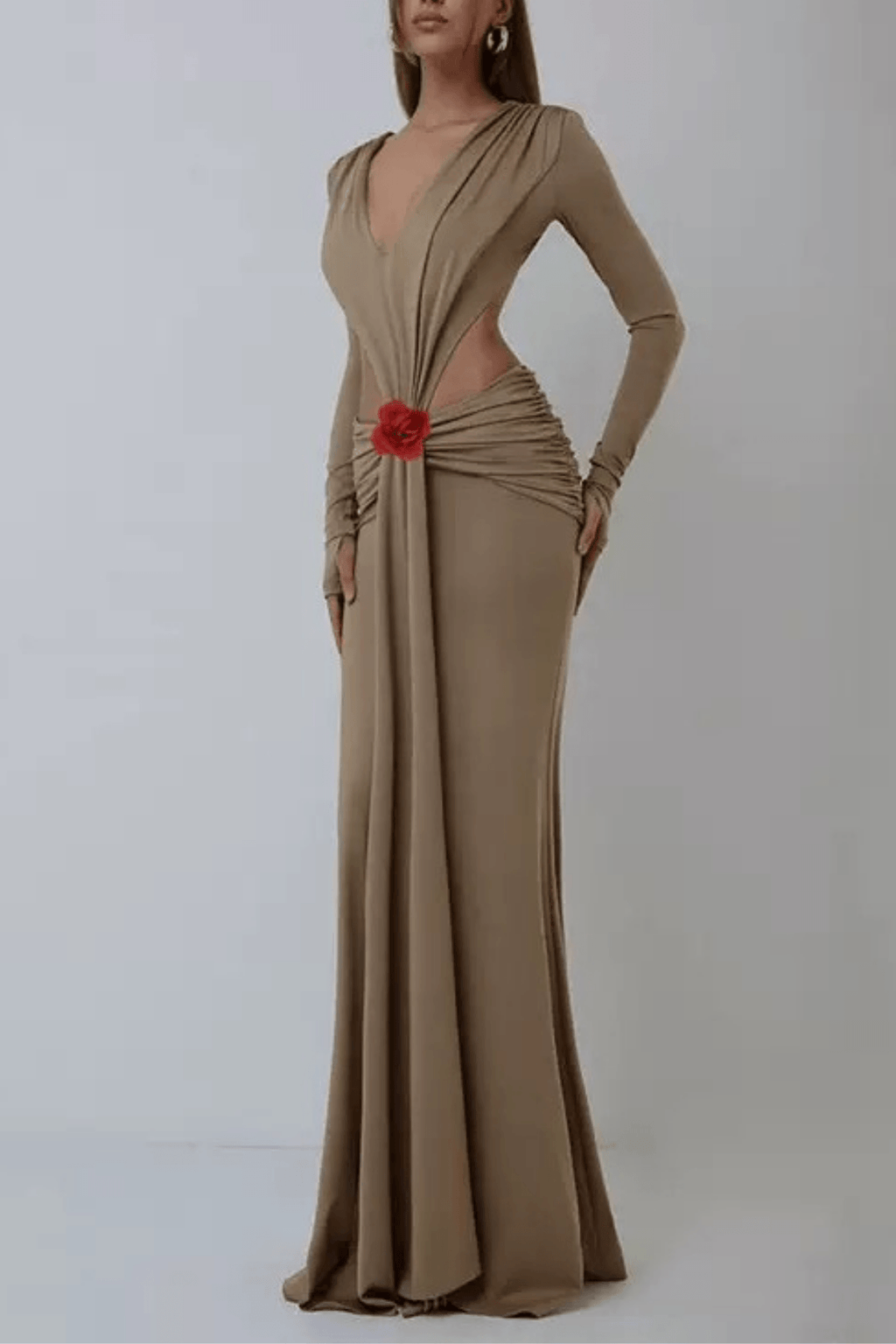Gloria Long Sleeve Cutout Waist Floral Accent Maxi Dress Avalabel