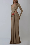 Gloria Long Sleeve Cutout Waist Floral Accent Maxi Dress Avalabel