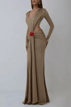 Gloria Long Sleeve Cutout Waist Floral Accent Maxi Dress Avalabel