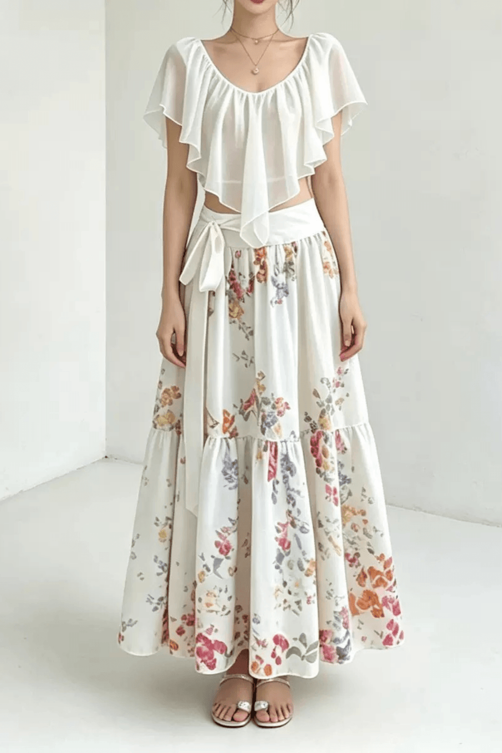 Lexi Ruffle Crop Top and Floral Skirt Two Piece Set Avalabel