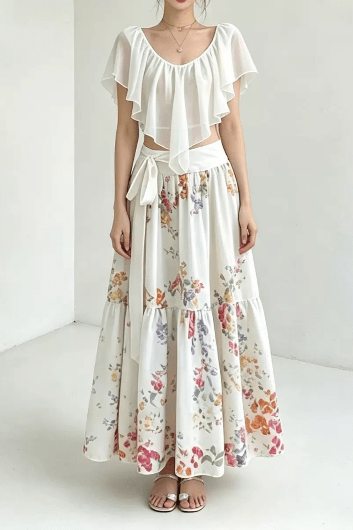 Lexi Ruffle Crop Top and Floral Skirt Two Piece Set Avalabel