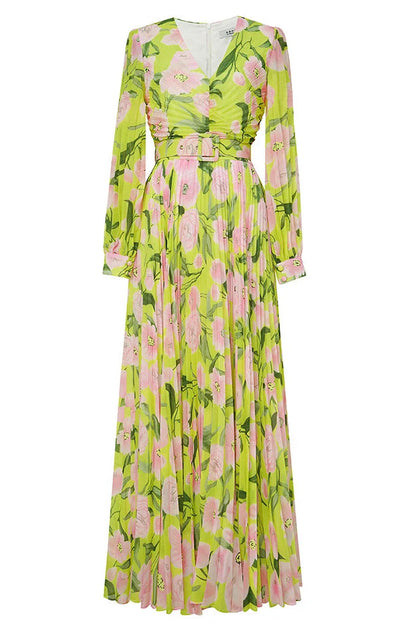 V-Neck Silk Printed Pleated Maxi Dress in Yellow