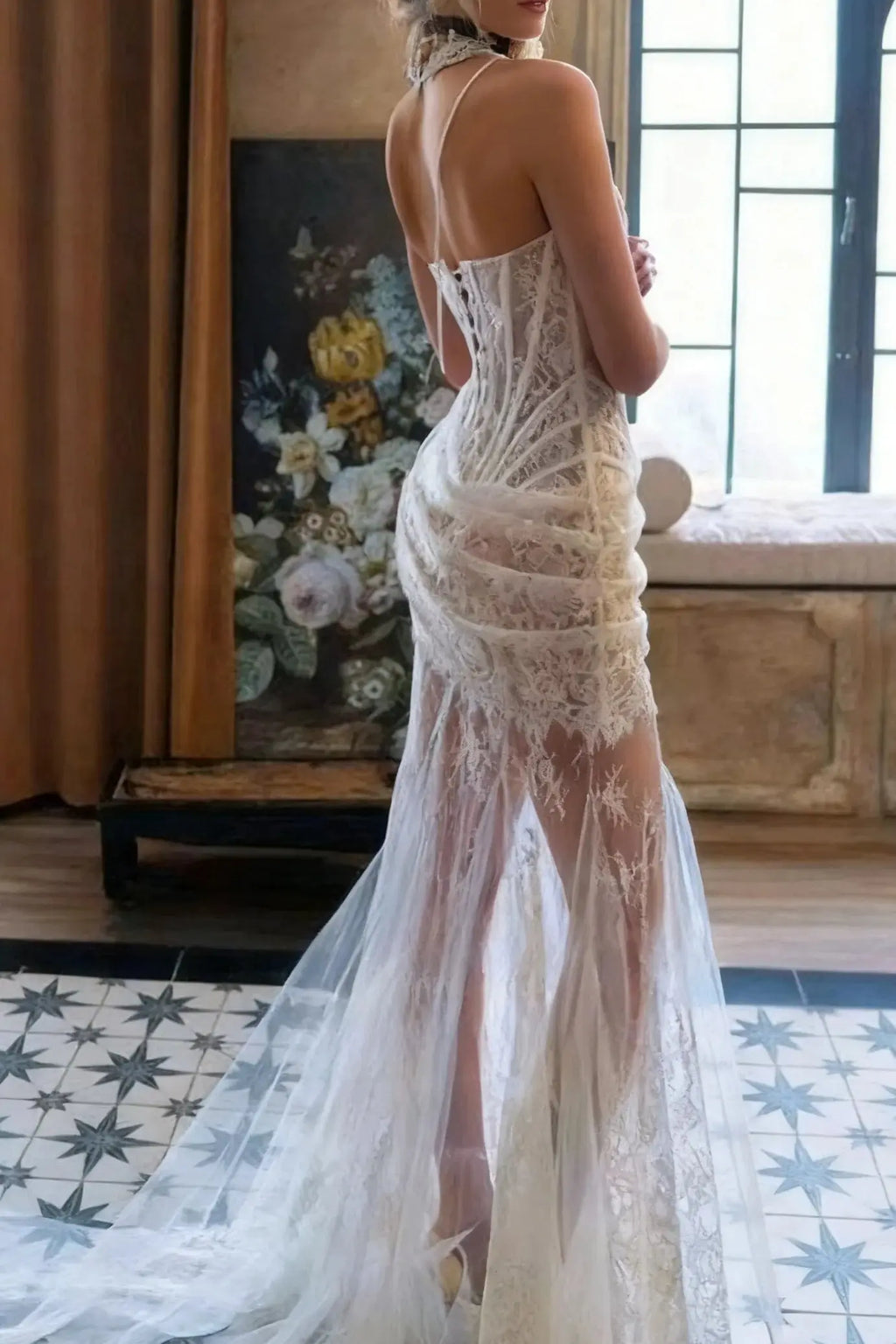 rita ivory sheer lace corset maxi dress with draped neckline Avalabel