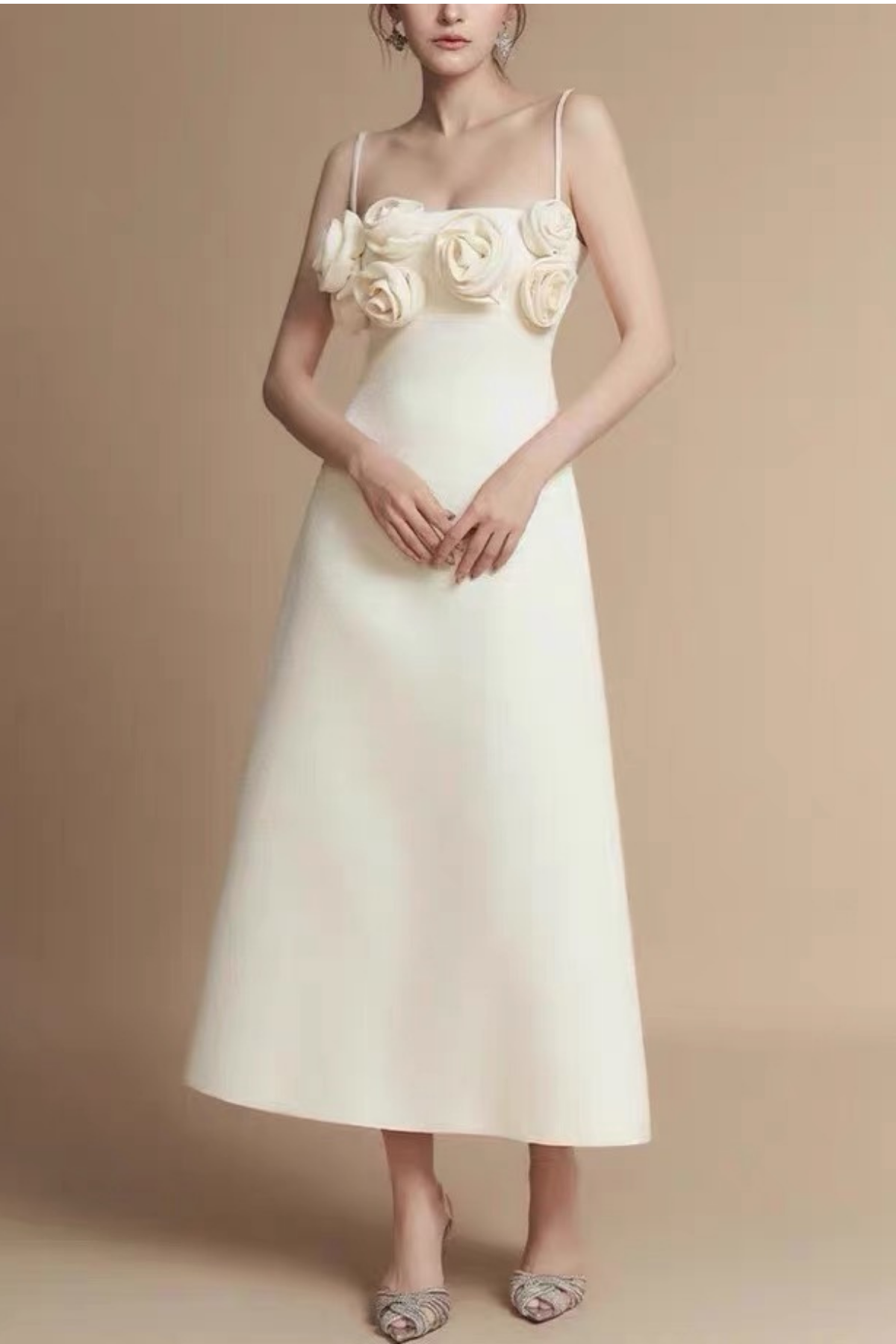 Clara 3D Floral Applique Spaghetti Strap White Midi Dress Avalabel