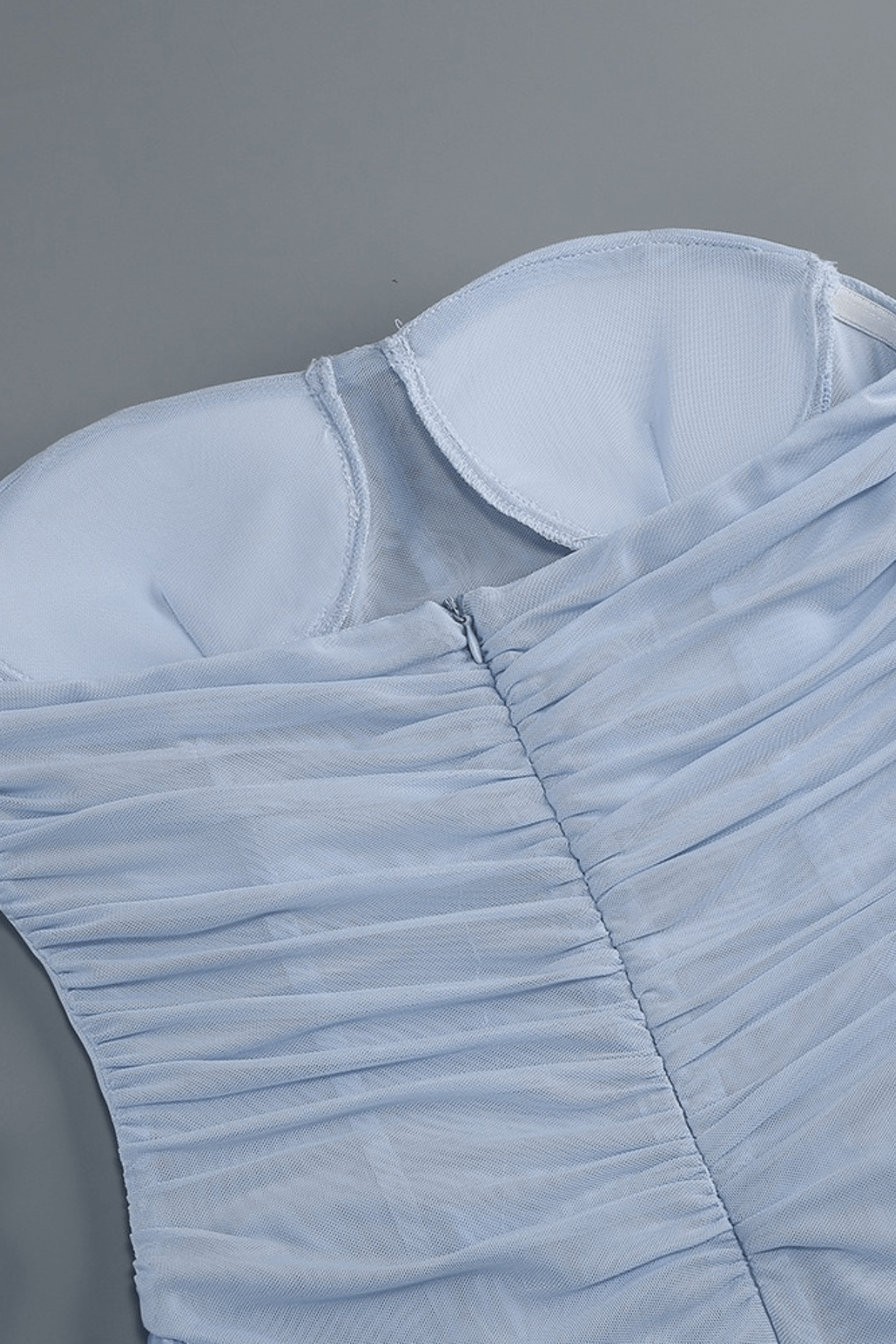 Cara Blue Satin Strapless  Mesh Sleeve Dress Avalabel