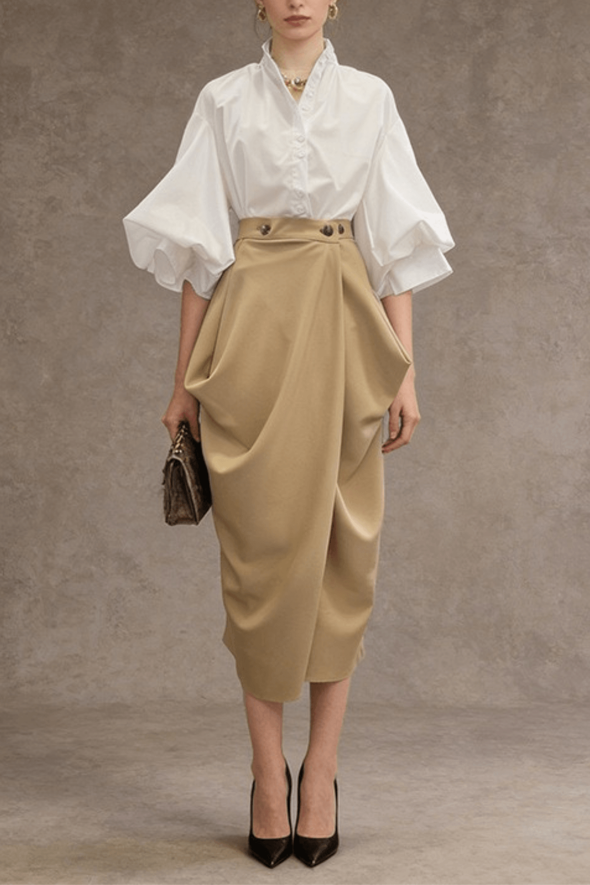 Joan High Waist Button Detail Draped Wrap Midi Skirt Avalabel