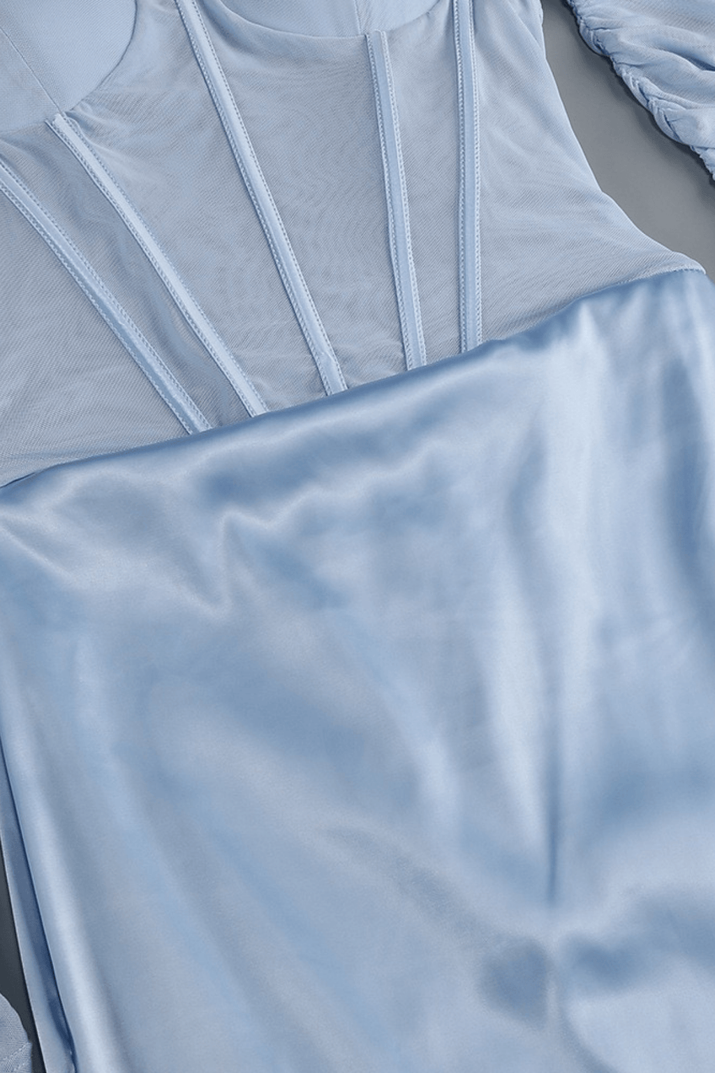 Cara Blue Satin Strapless  Mesh Sleeve Dress Avalabel