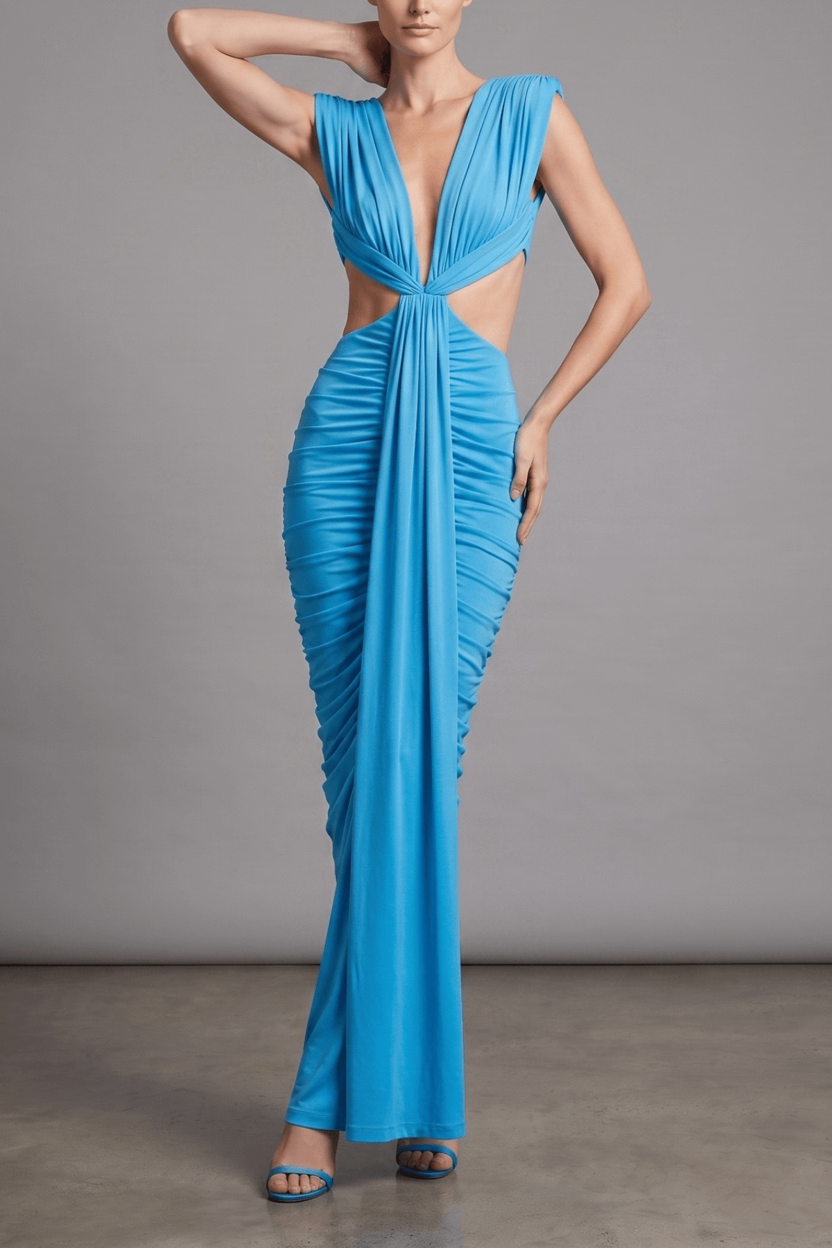Clara Blue Deep V Cutout Ruched Midi Dress Avalabel