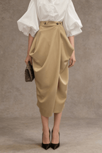 Joan High Waist Button Detail Draped Wrap Midi Skirt Avalabel