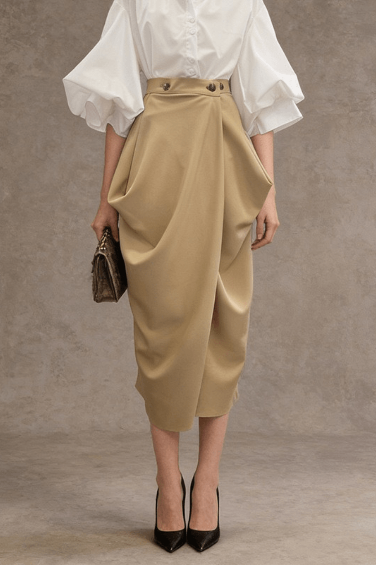 Joan High Waist Button Detail Draped Wrap Midi Skirt Avalabel