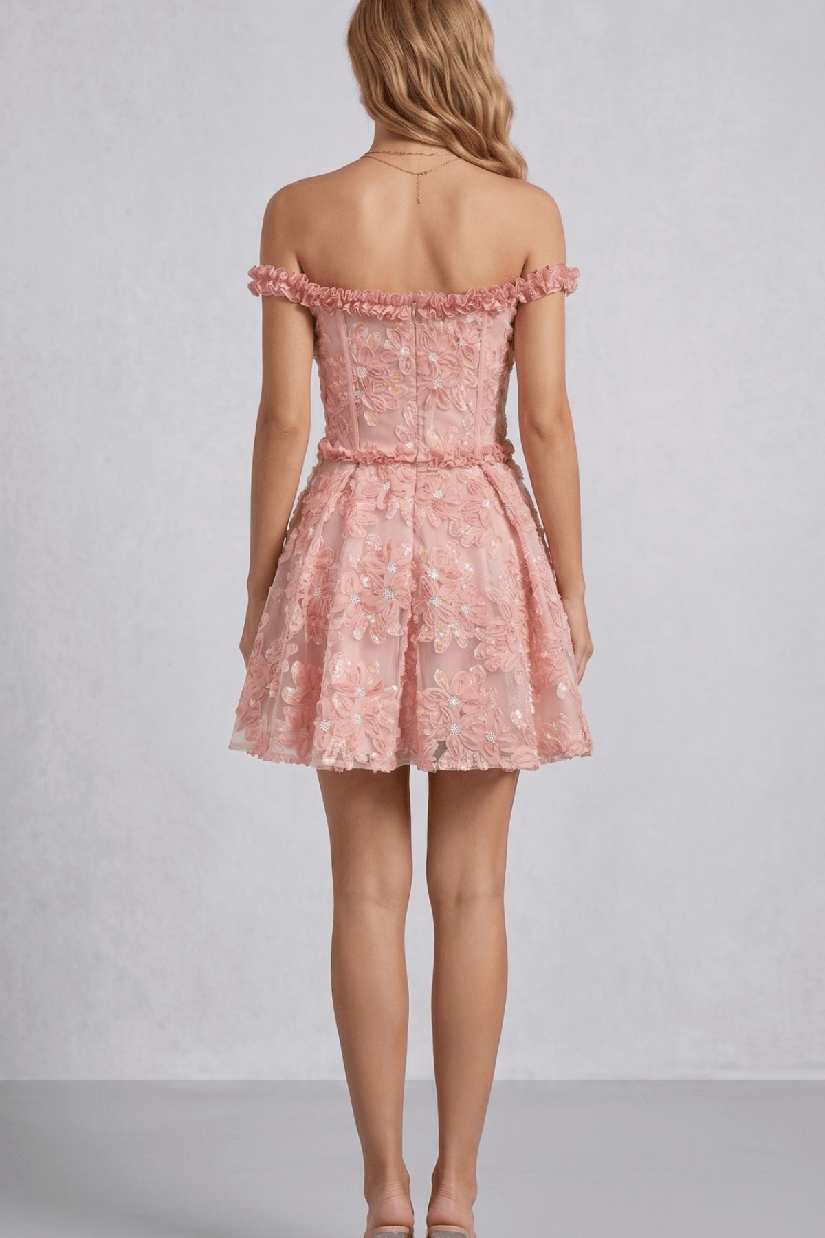Mary Pink Off Shoulder 3D Floral Mini Dress Avalabel